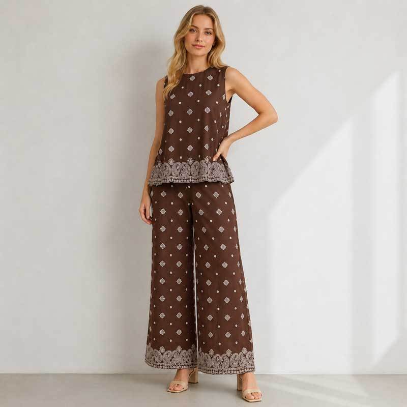 Brown Printed Linen Two-Piece Set