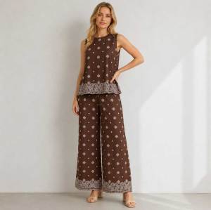 Brown Printed Linen Two-Piece Set