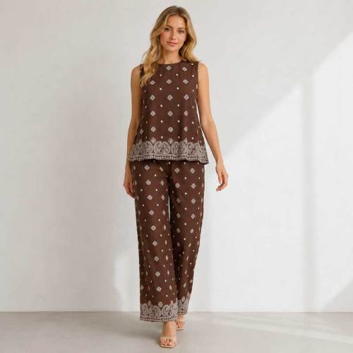 Brown Printed Linen Two-Piece Set