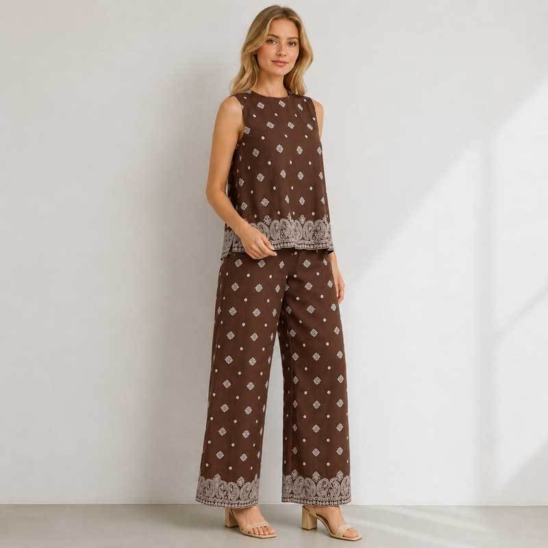 Brown Printed Linen Two-Piece Set