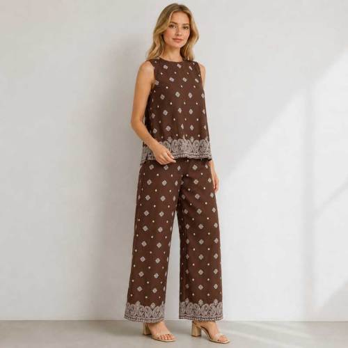 Brown Printed Linen Two-Piece Set