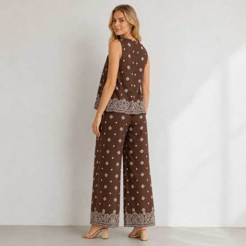 Brown Printed Linen Two-Piece Set