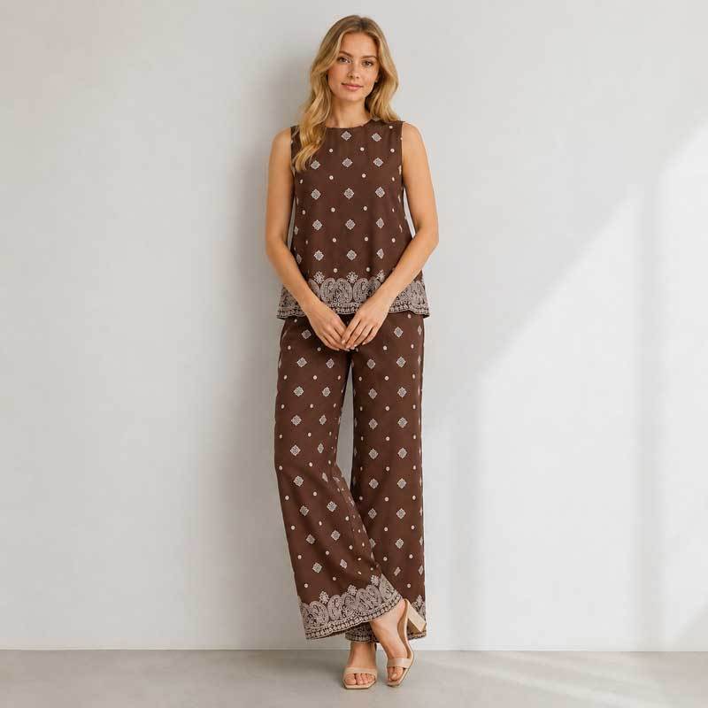 Brown Printed Linen Two-Piece Set
