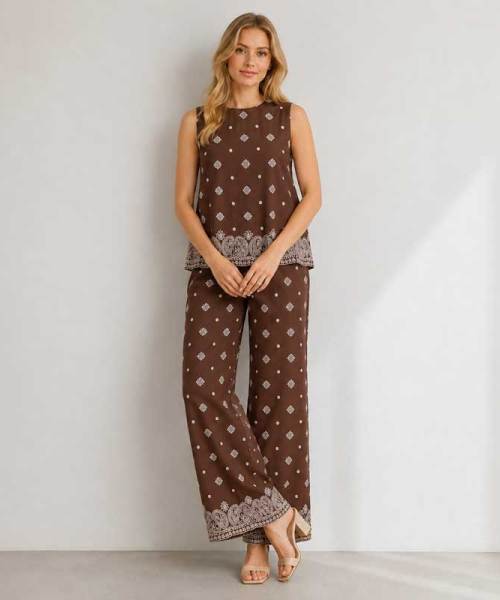 Brown Printed Linen Two-Piece Set
