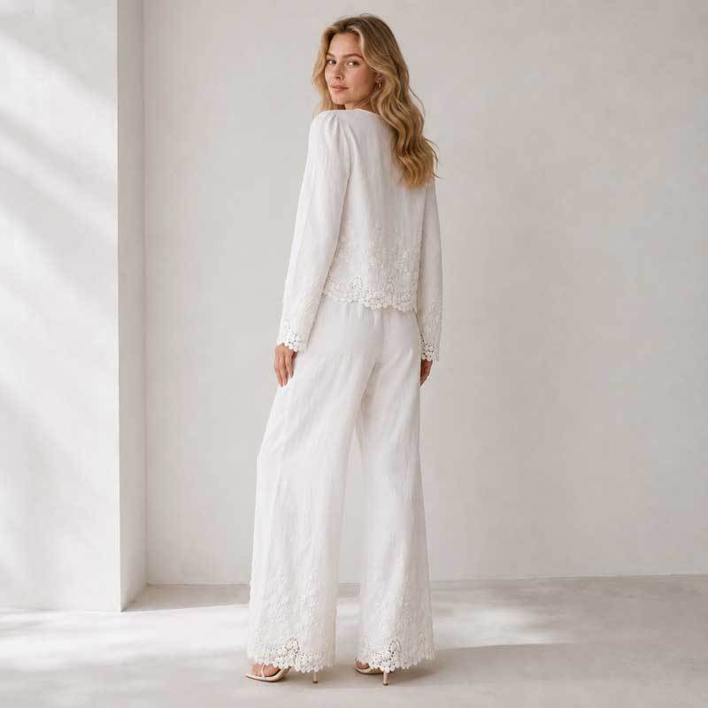 White Linen Vacation Set with Tie-Front Top and Wide-Leg Pants