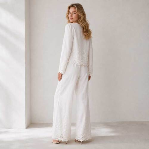 White Linen Vacation Set with Tie-Front Top and Wide-Leg Pants