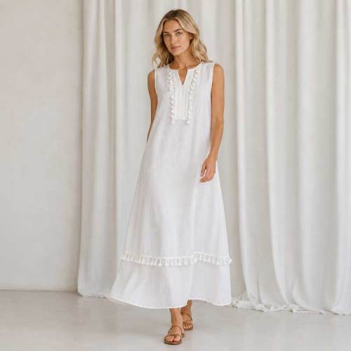 White Sleeveless Linen Maxi Dress for Women | KOSSR