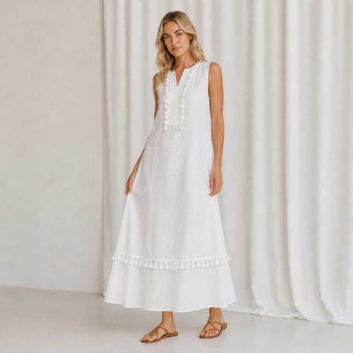 White Sleeveless Linen Maxi Dress for Women | KOSSR