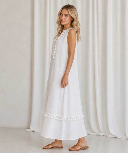 White Sleeveless Linen Maxi Dress for Women | KOSSR