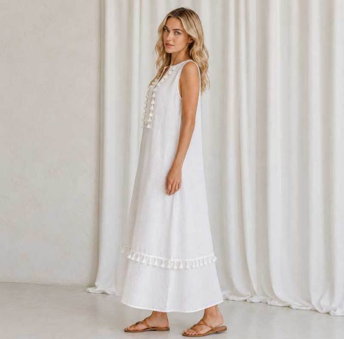 White Sleeveless Linen Maxi Dress for Women | KOSSR