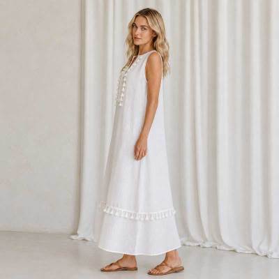 White Sleeveless Linen Maxi Dress for Women | KOSSR