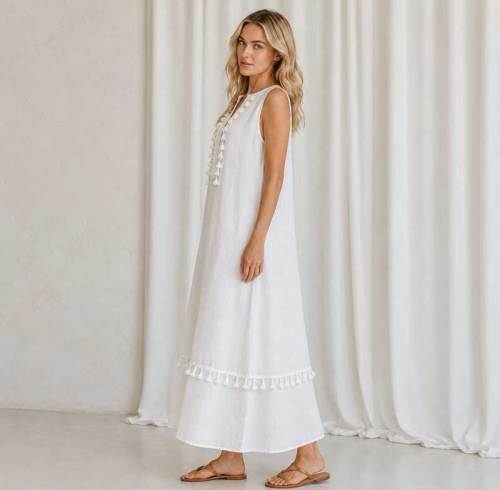White Sleeveless Linen Maxi Dress for Women | KOSSR