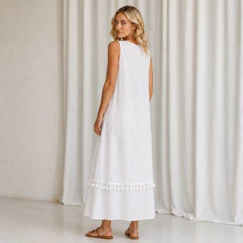 White Sleeveless Linen Maxi Dress for Women | KOSSR