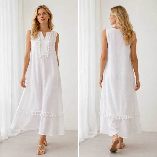 White Sleeveless Linen Maxi Dress for Women | KOSSR