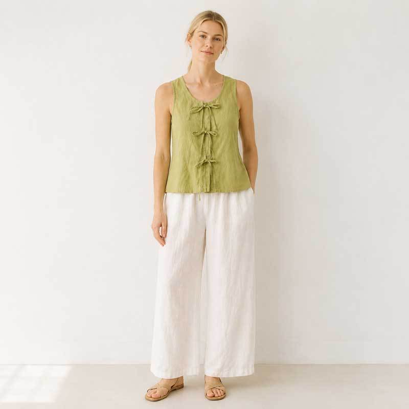 Green Tie-Front Linen Sleeveless Top