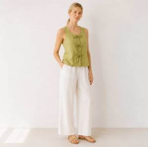 Green Tie-Front Linen Sleeveless Top