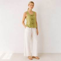 Green Tie-Front Linen Sleeveless Top