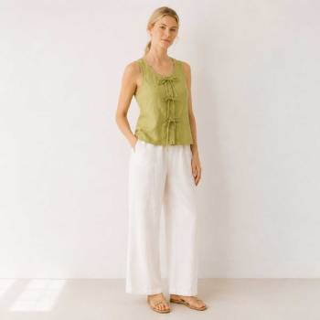 Green Tie-Front Linen Sleeveless Top