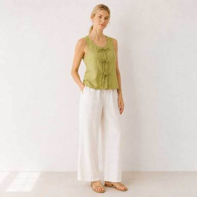 Green Tie-Front Linen Sleeveless Top
