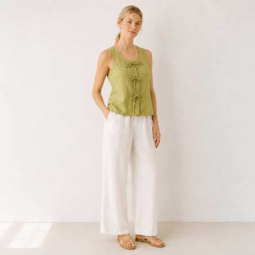 Green Tie-Front Linen Sleeveless Top