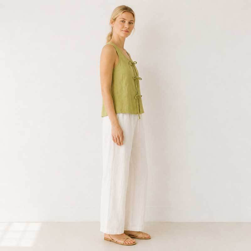 Green Tie-Front Linen Sleeveless Top