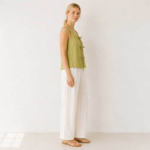 Green Tie-Front Linen Sleeveless Top