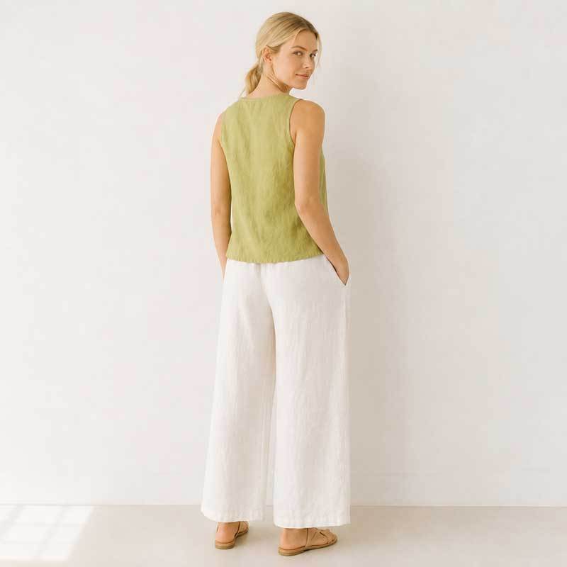 Green Tie-Front Linen Sleeveless Top