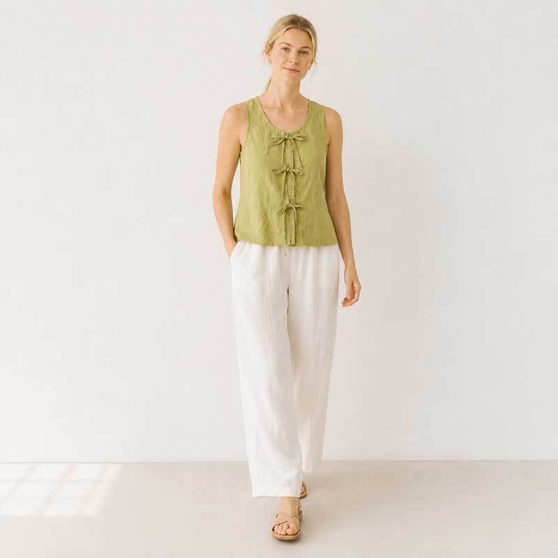 Green Tie-Front Linen Sleeveless Top