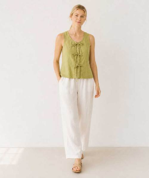 Green Tie-Front Linen Sleeveless Top