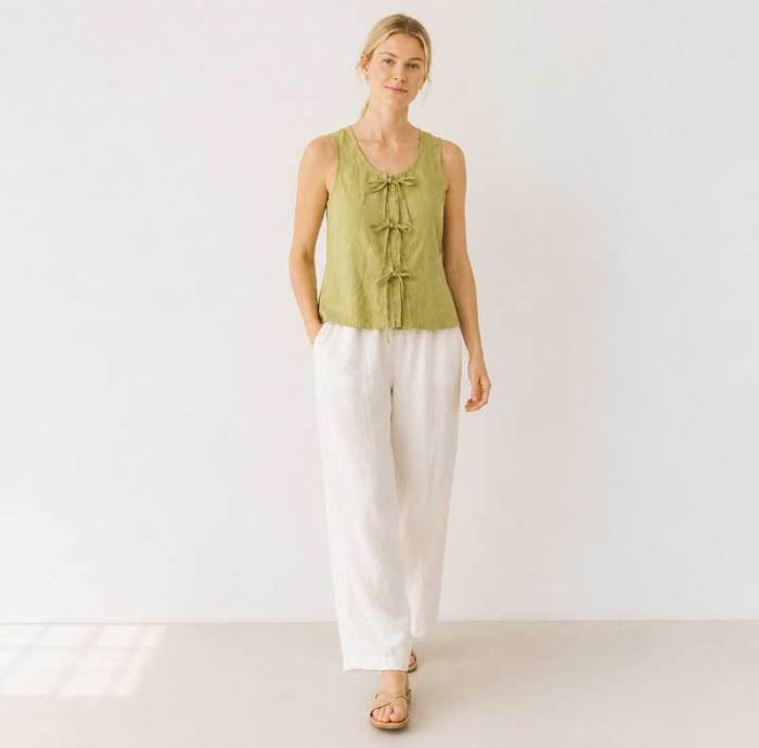 Green Tie-Front Linen Sleeveless Top