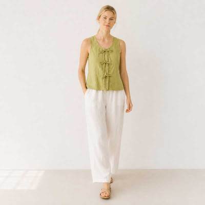 Green Tie-Front Linen Sleeveless Top