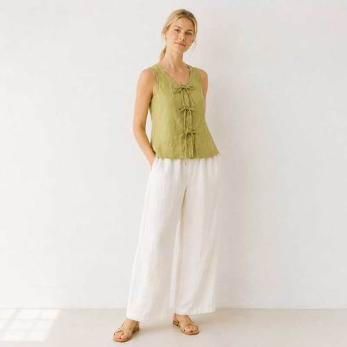 Green Tie-Front Linen Sleeveless Top