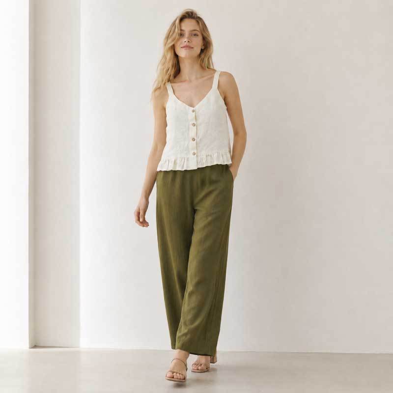 White Button-Front Linen Camisole Top