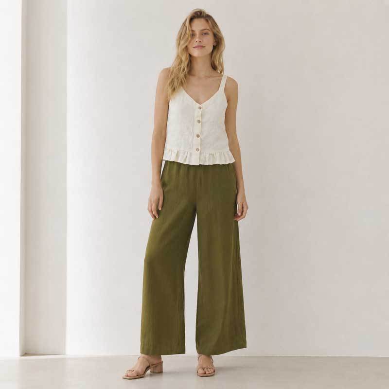 White Button-Front Linen Camisole Top