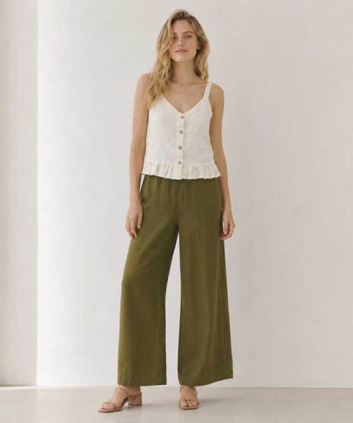 White Button-Front Linen Camisole Top