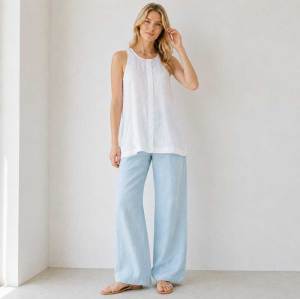 Light Blue Linen Casual Wide-Leg Pants
