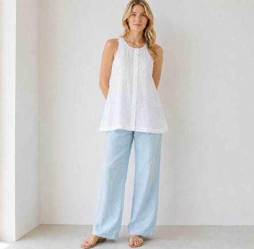 Light Blue Linen Casual Wide-Leg Pants