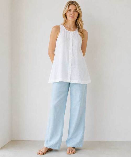 Light Blue Linen Casual Wide-Leg Pants