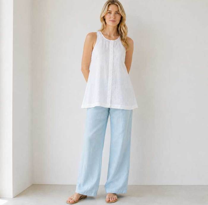 Light Blue Linen Casual Wide-Leg Pants