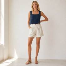 Navy Square Neck Linen Crop Top