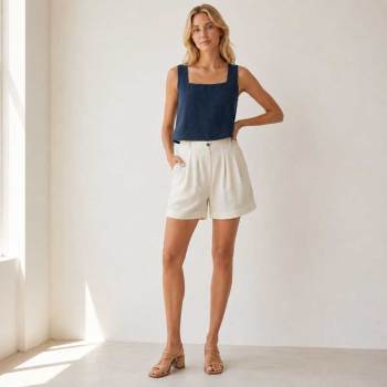 Navy Square Neck Linen Crop Top