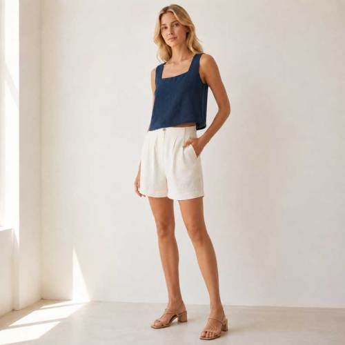 Navy Square Neck Linen Crop Top