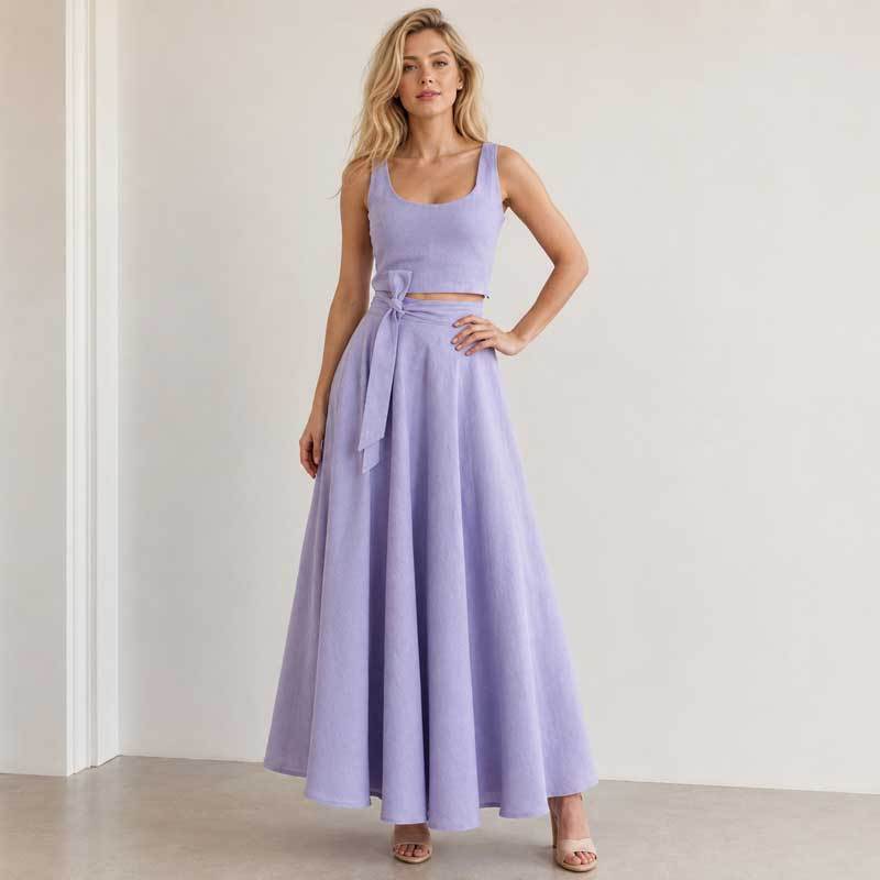 Lavender Linen Vacation Set with Crop Top and Wrap Maxi Skirt
