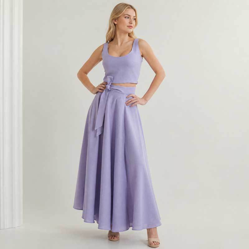 Lavender Linen Vacation Set with Crop Top and Wrap Maxi Skirt