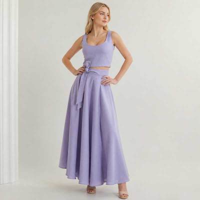 Lavender Linen Vacation Set with Crop Top and Wrap Maxi Skirt