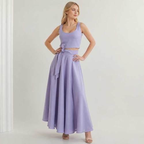 Lavender Linen Vacation Set with Crop Top and Wrap Maxi Skirt