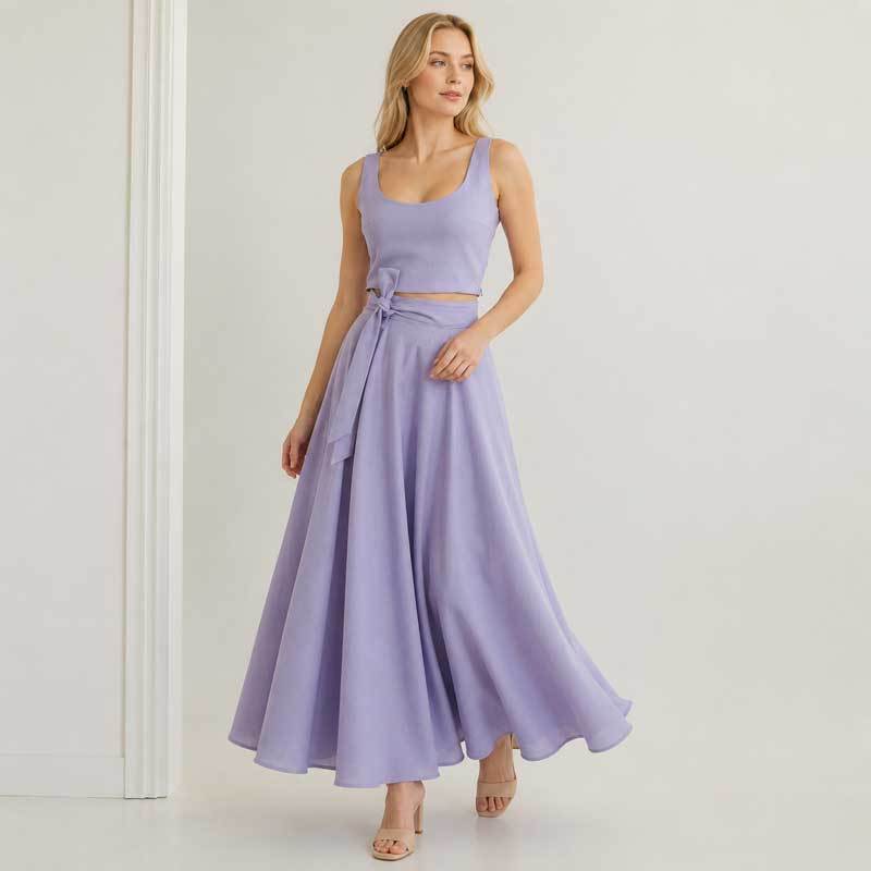 Lavender Linen Vacation Set with Crop Top and Wrap Maxi Skirt
