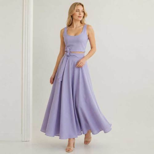 Lavender Linen Vacation Set with Crop Top and Wrap Maxi Skirt