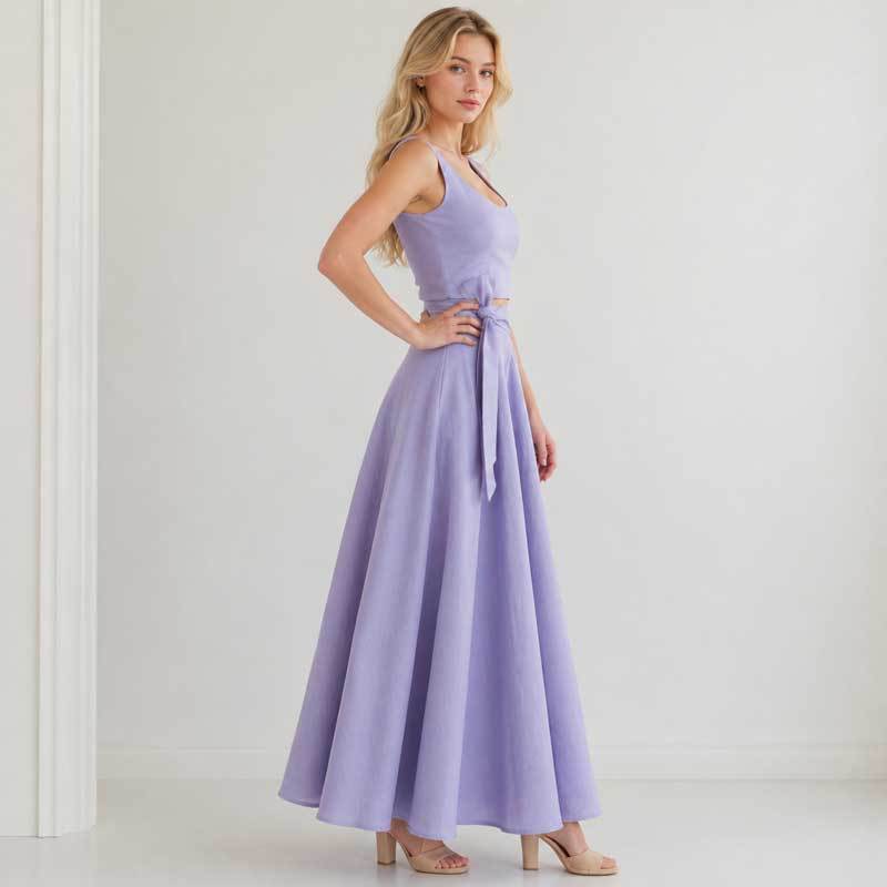 Lavender Linen Vacation Set with Crop Top and Wrap Maxi Skirt