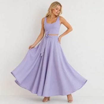 Lavender Linen Vacation Set with Crop Top and Wrap Maxi Skirt